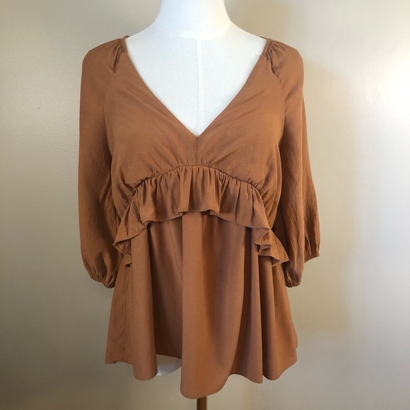 Pink Lily Tops - Pink Lily Brown Ruffled V-Neck 3/4 Sleeve Blouse Size XS